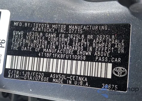 2015 Toyota Camry Le из США, поврежденный, VIN 4T1BF1FK8FU110958